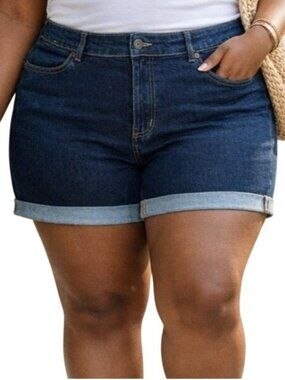 Bloomchic Plus Size 26 Shorts Denim Dark Wash Mid Rise Rolled Hem